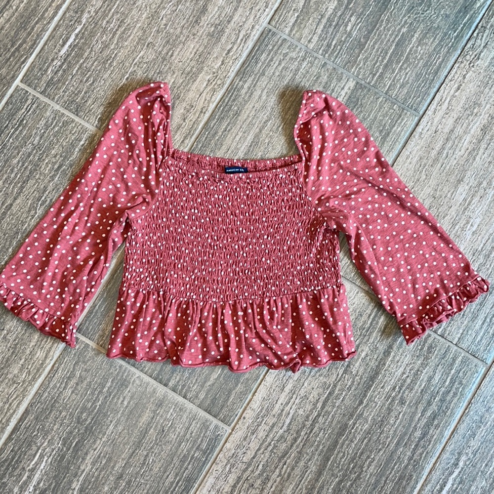 American Eagle smocked polka dot ruffle top